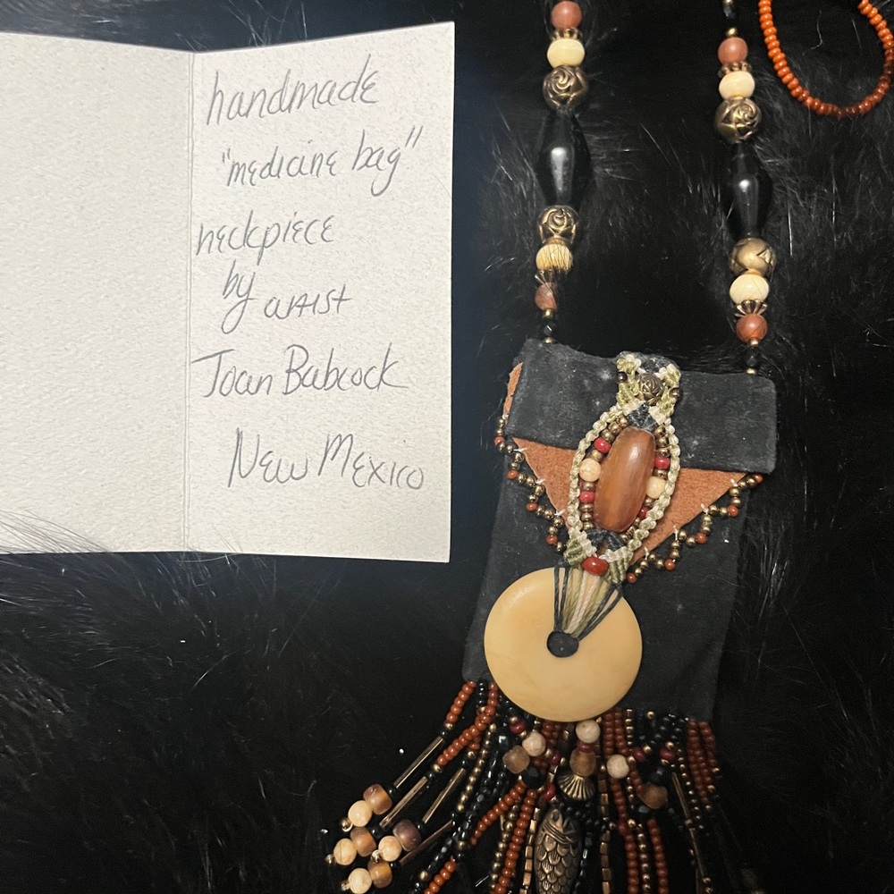 Vintage 1995 Handmade Beaded medicine bag Necklace with Black and Brown Accents